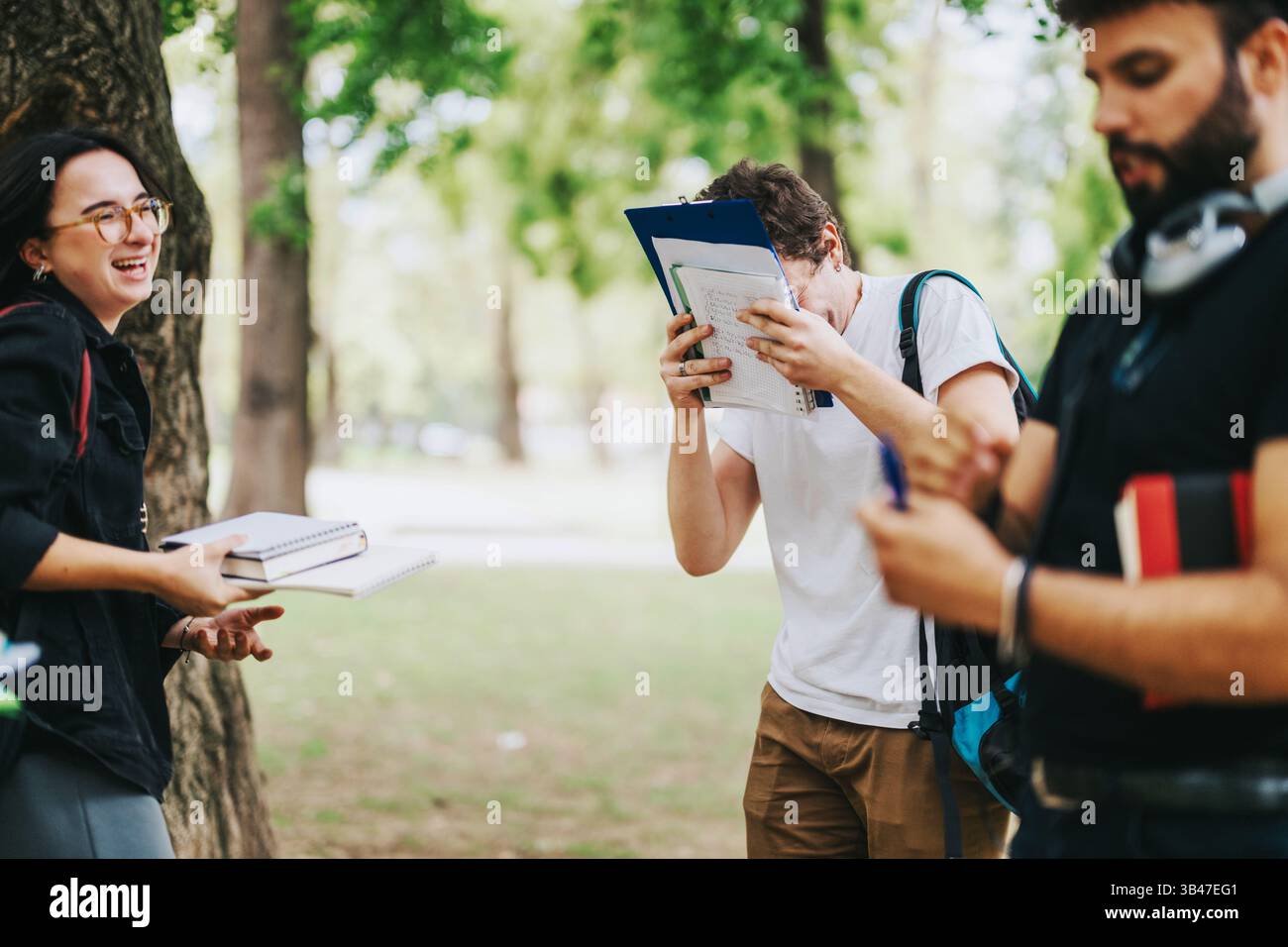 Multicultural students collaborating on school projects in park Stock Photo