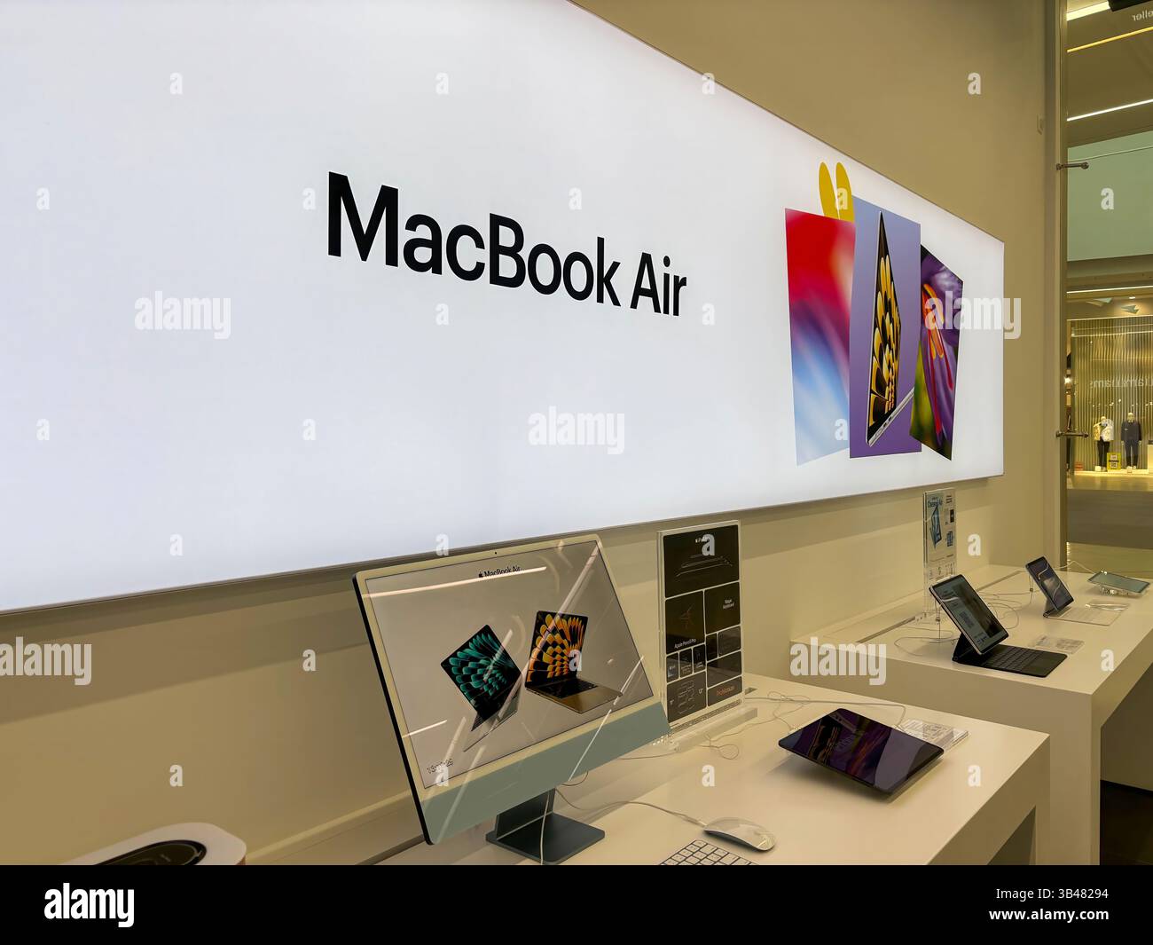 Apple authorized shop. The modern shop with apple products: Iphone, Macbook, Ipad, Apple Macbook air logo. Kazakhstan, Astana, October 21, 2024 Stock Photo