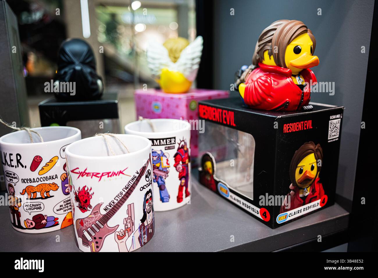 Ivano-Frankivsk, Ukraine - April 29, 2025: Showcasing merchandise from popular culture including mugs and collectible figures Stock Photo