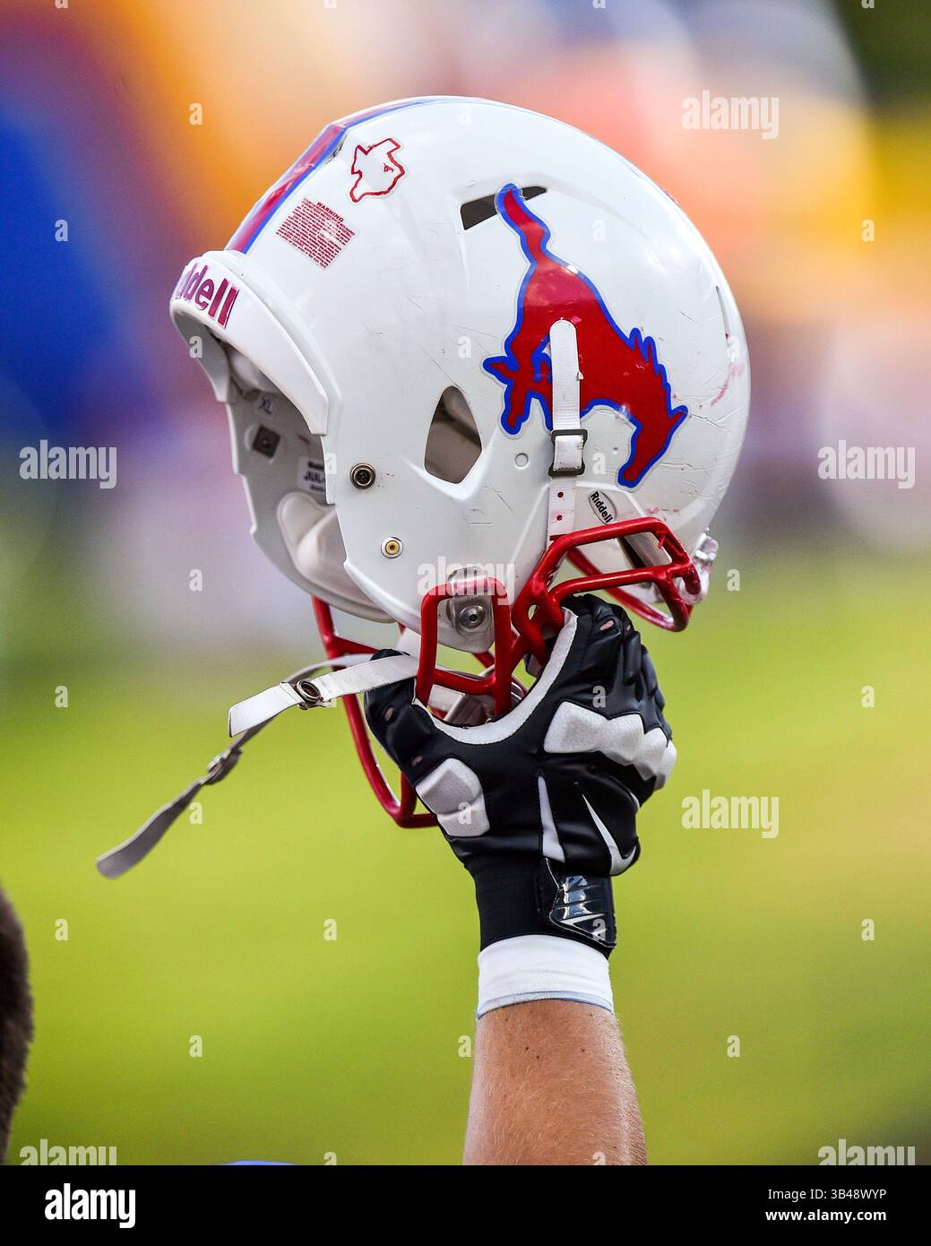 cricket with a football helmet on Cricket Helmet on Field with Blurred Background Stock Image