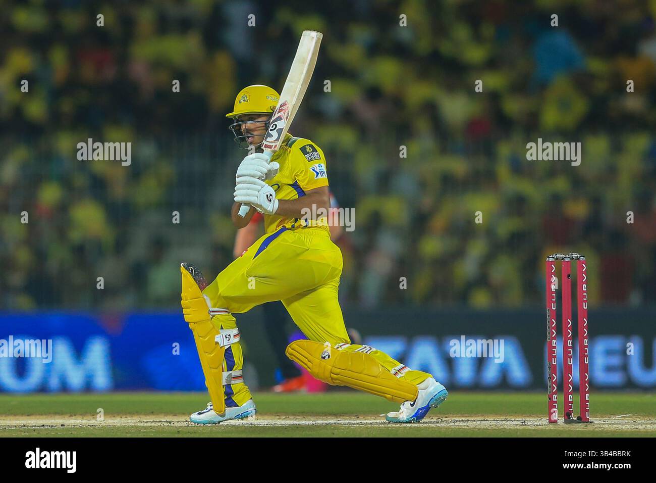 Chennai Super Kings' Shaik Rasheed plays a shot during the Indian ...