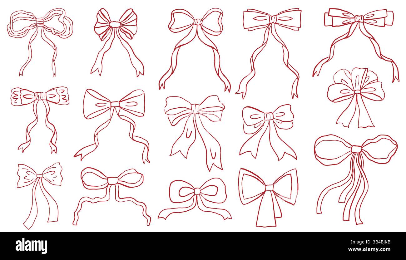 Pink hand drawn coquette style ribbon bows set. Retro cartoon festive ...