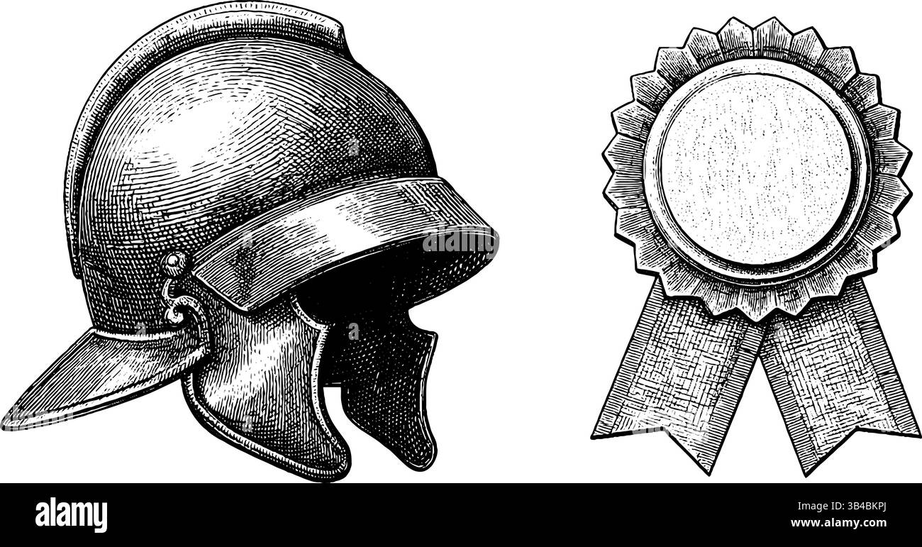 Engraved illustration of roman helmet and badge for historical design ...