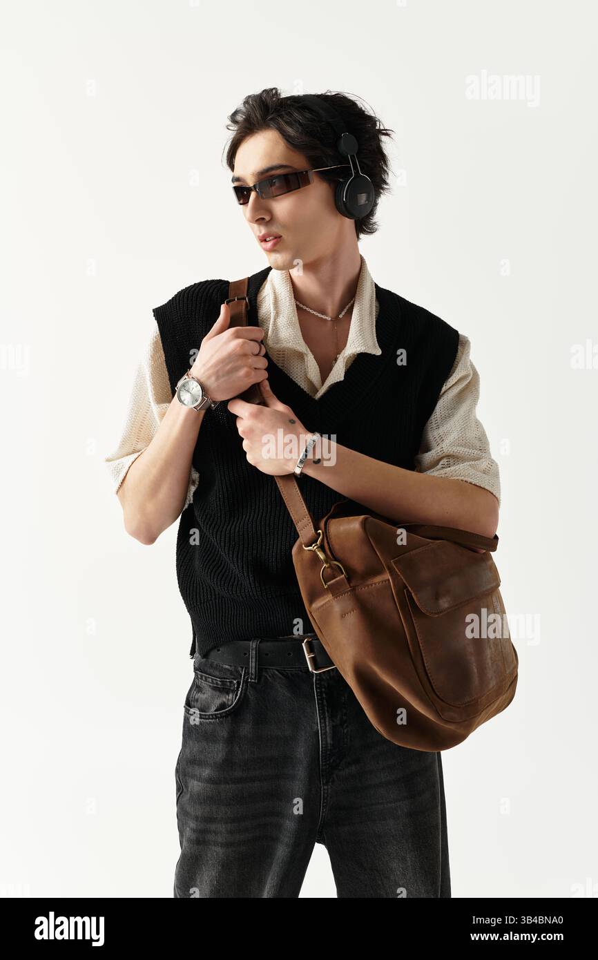 A handsome young man showcases his trendy outfit in a creative studio ...