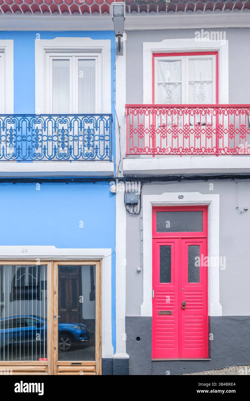 Terceira, Azores, Portugal - 02-18-2025: Traditional architecture of Portuguese houses. Pink House. The colorful palaces of Angra do Heroismo adding c Stock Photo