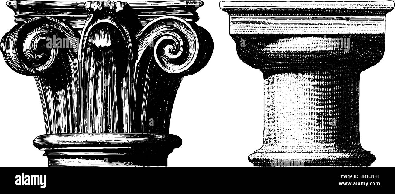Detailed engraved illustration of classical columns and artistic mosaic ...
