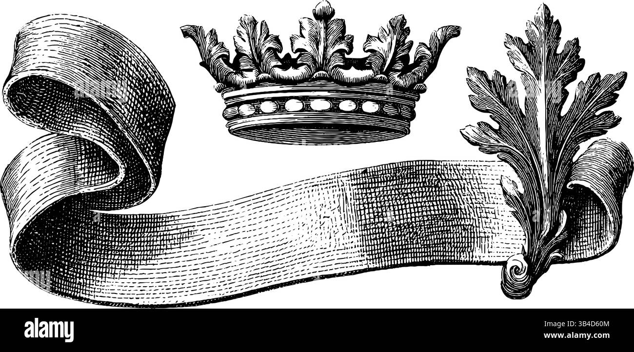 Vintage engraved set of scrolls and crown design for decorative ...