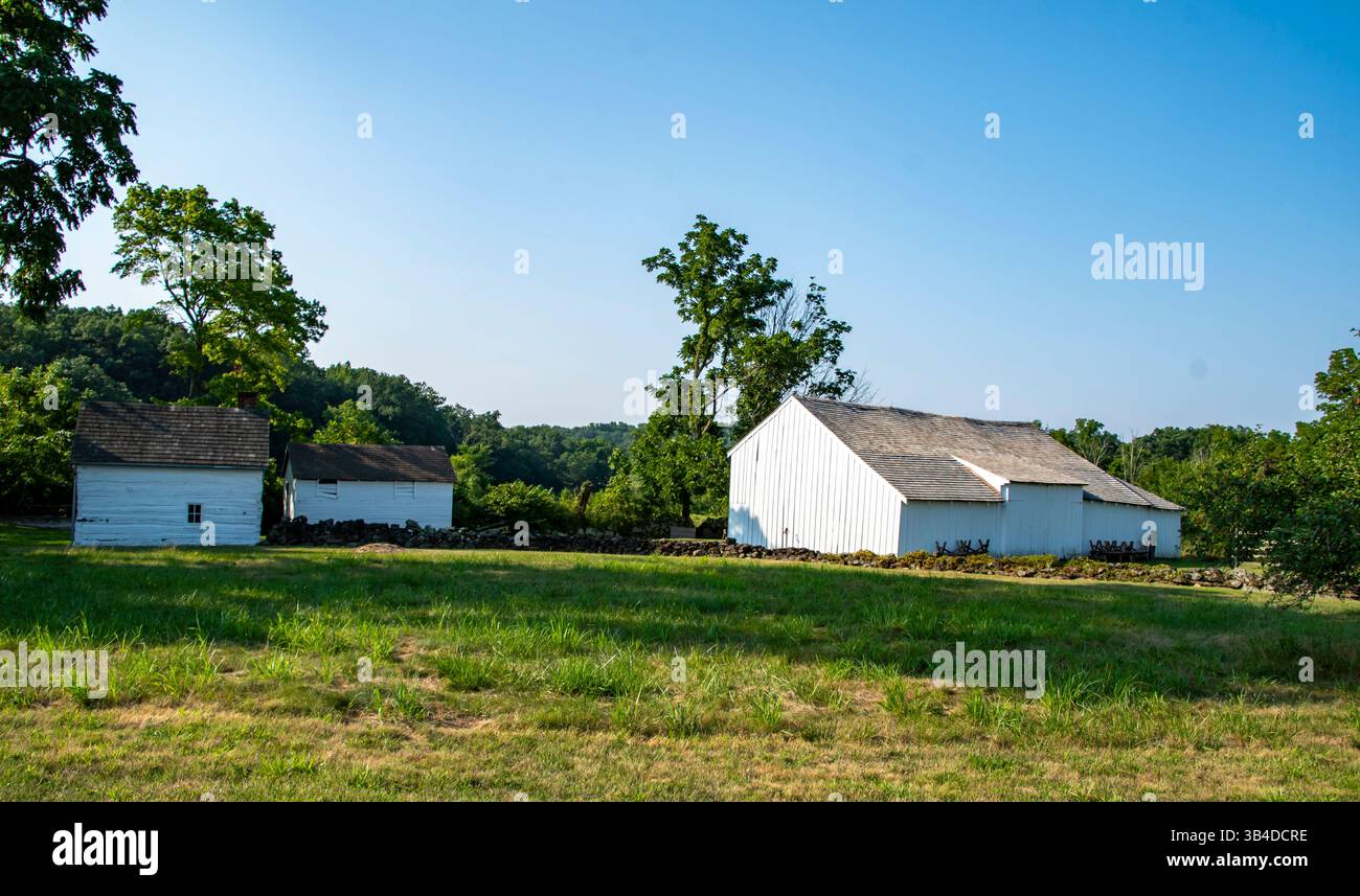 A cluster of white farm structures stands amid lush greenery under a ...