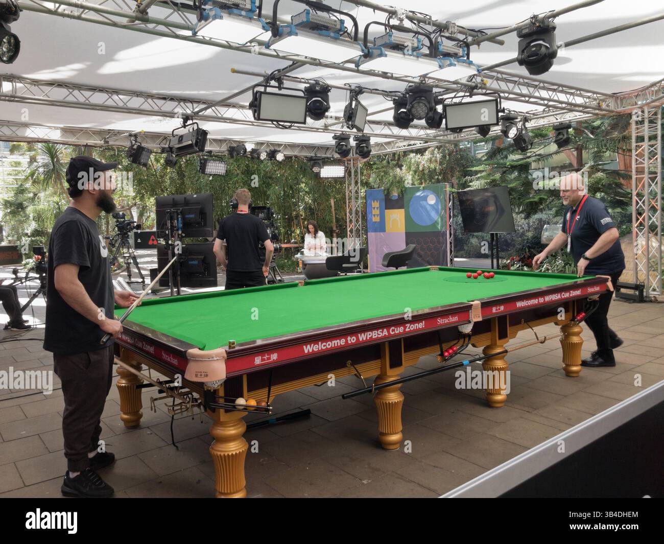 Public snooker practice Sheffield Winter Garden, World Championship Snooker, Sports Broadcast, England UK, whilst off air 2025 - Smartphone Captured Stock Image