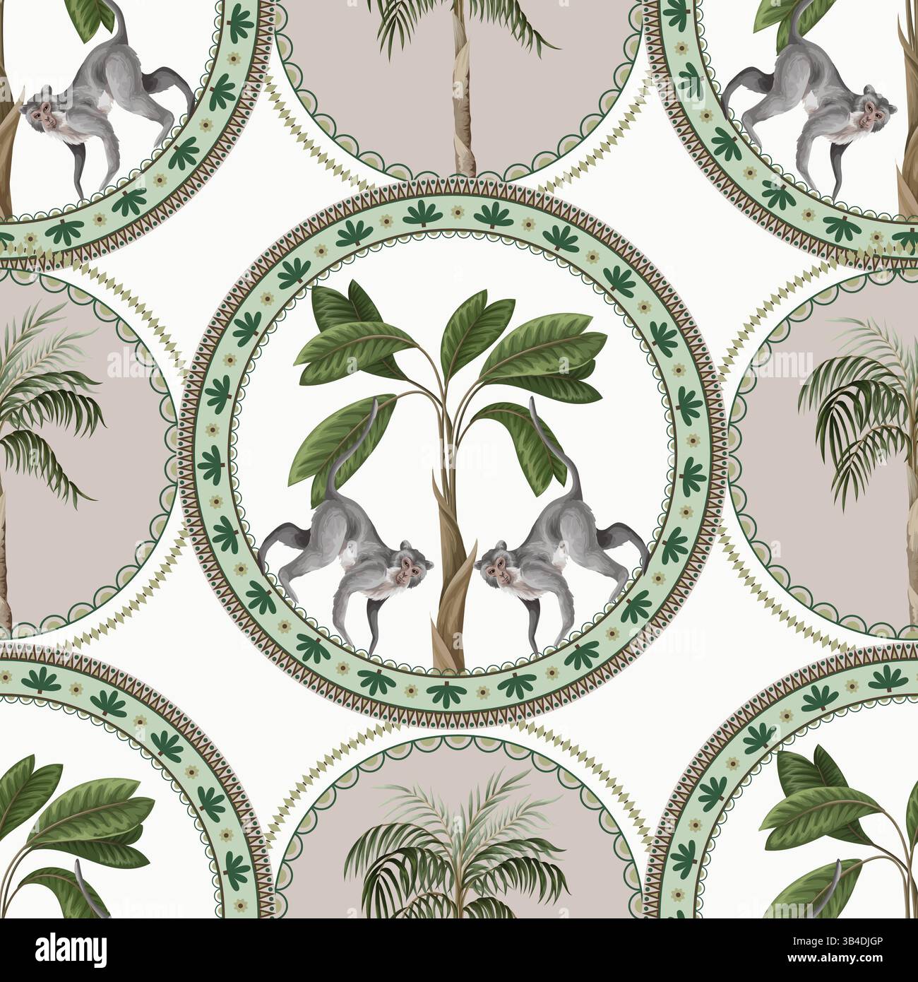 Seamless pattern with ornamental circle, monkeys and palm trees. Vector. Stock Vector