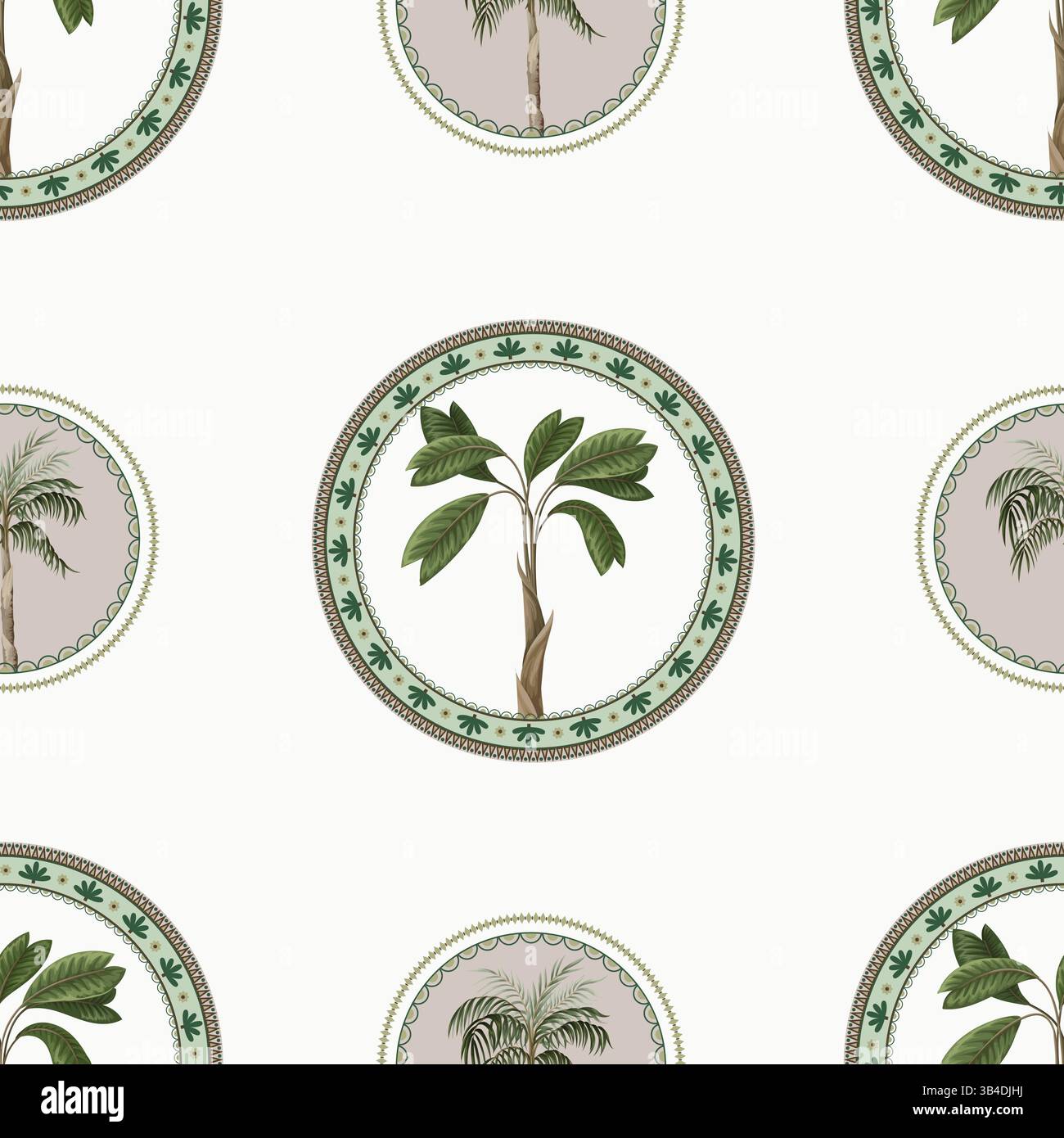 Seamless pattern with ornamental circle and palm trees. Vector. Stock Vector