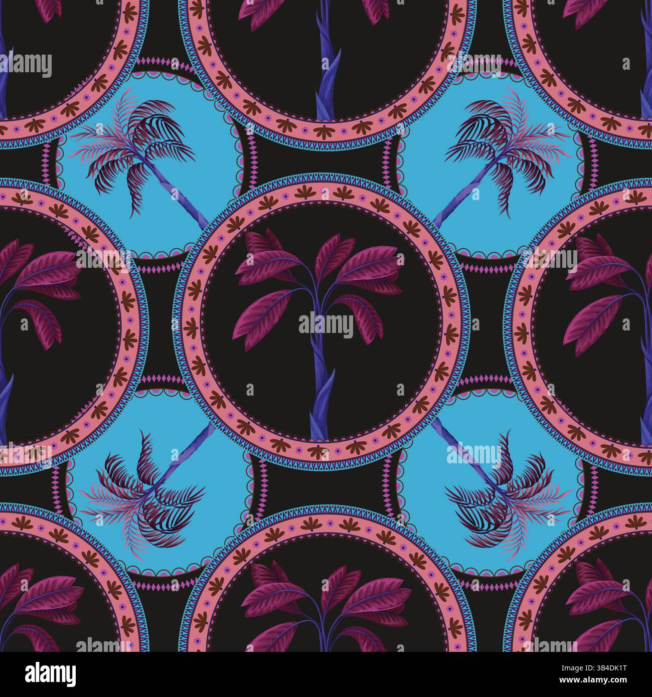 Seamless pattern with ornamental circle and palm trees. Vector. Stock Vector