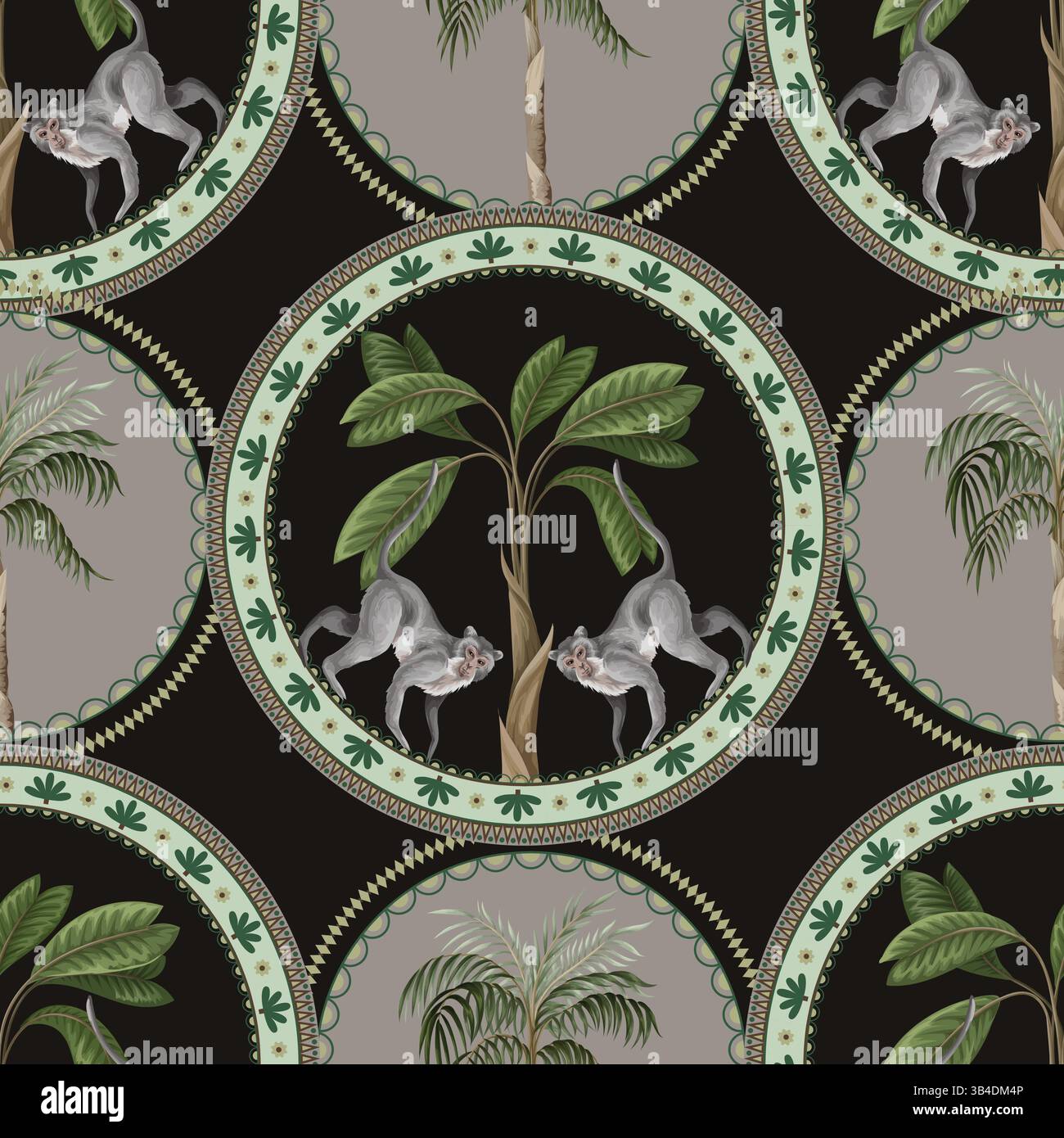 Seamless pattern with ornamental circle, monkeys and palm trees. Vector. Stock Vector