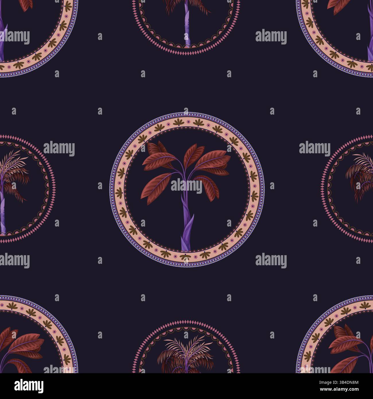 Seamless pattern with ornamental circle and palm trees. Vector. Stock Vector