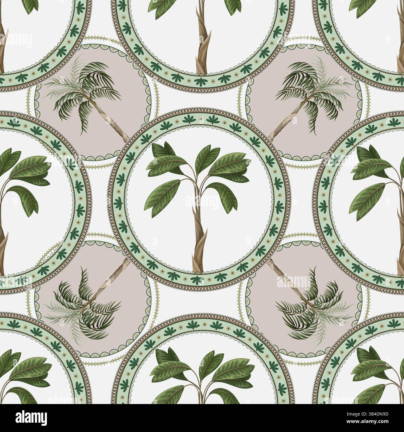Seamless pattern with ornamental circle and palm trees. Vector. Stock Vector