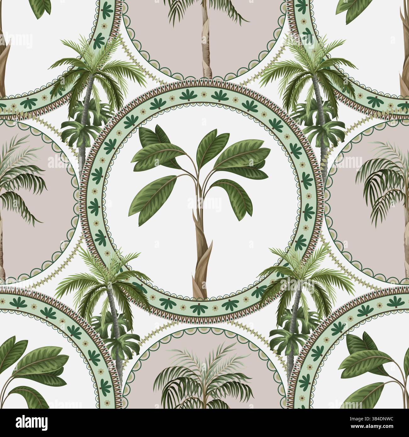 Seamless pattern with ornamental circle and palm trees. Vector. Stock Vector