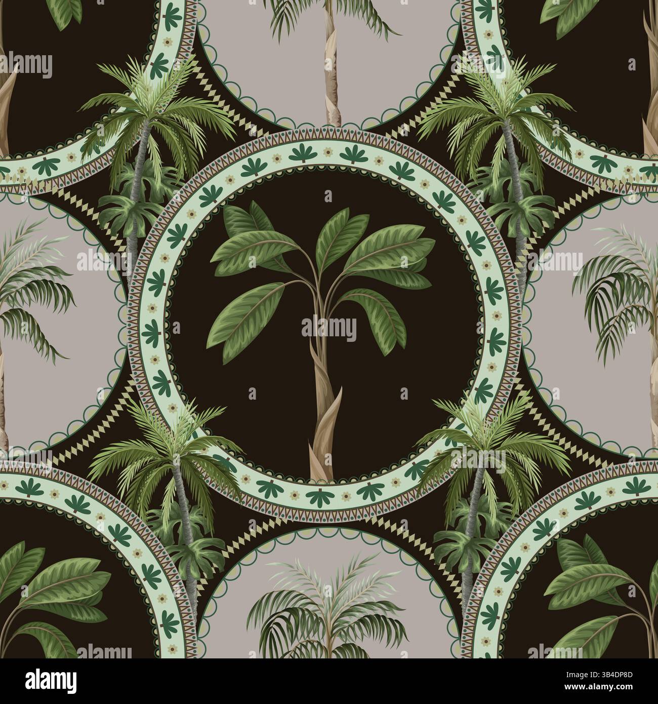 Seamless pattern with ornamental circle and palm trees. Vector. Stock Vector
