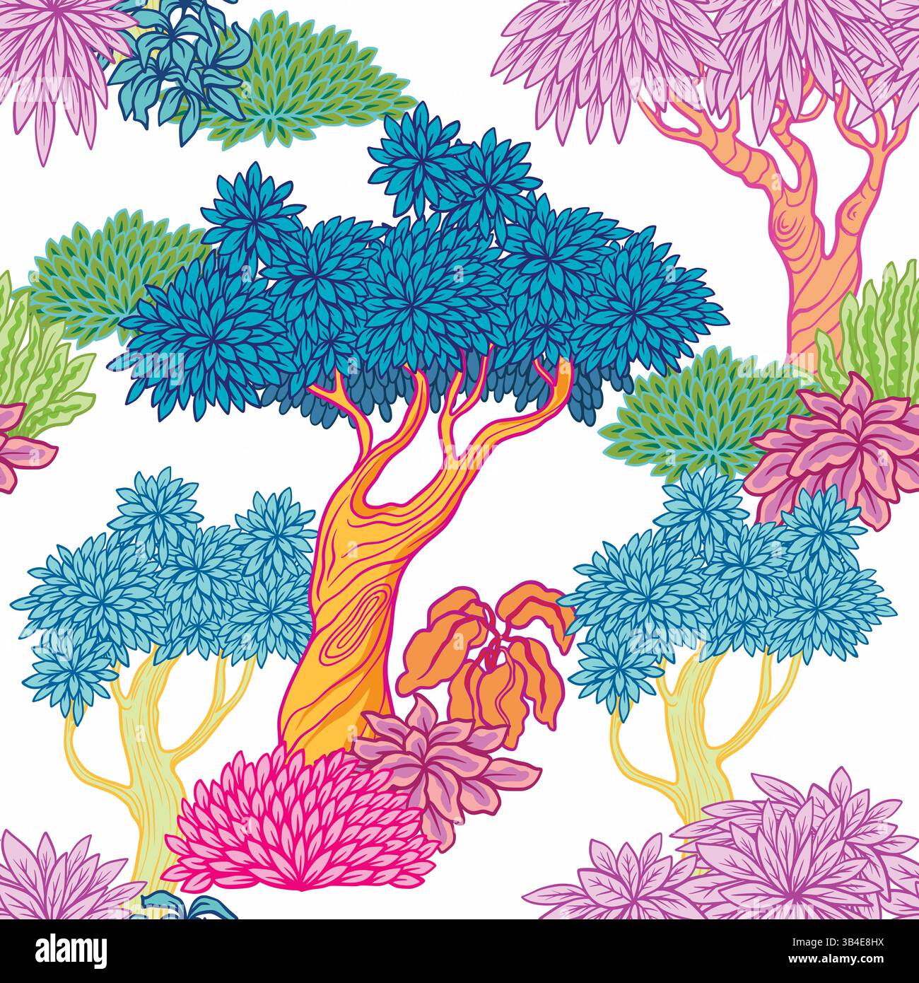 Seamless pattern with vivid stylized trees and plants in graphic style. Vector. Stock Vector