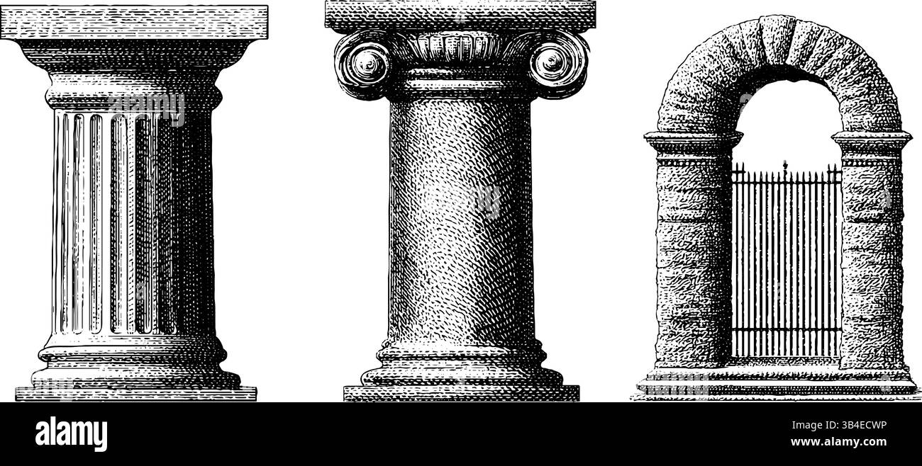 Architectural vintage engravings of classical columns and archway ...
