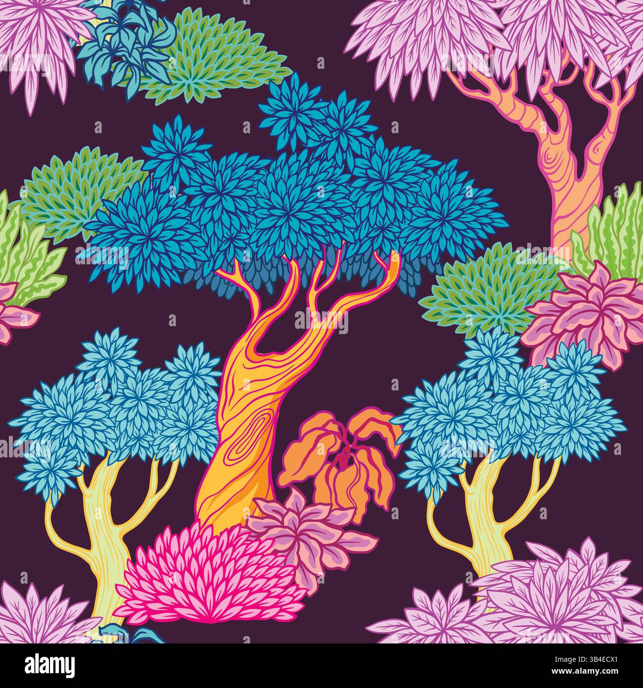 Seamless pattern with vivid stylized trees and plants in graphic style. Vector. Stock Vector