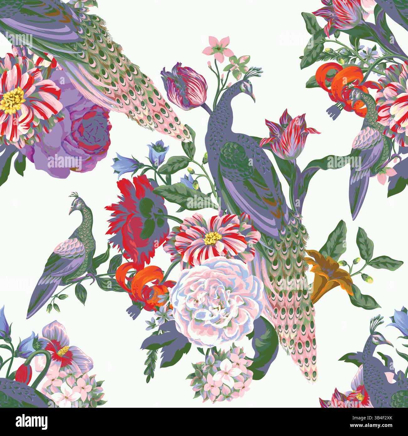 Seamless pattern with peacock and painting rococo still-lifes flowers ...