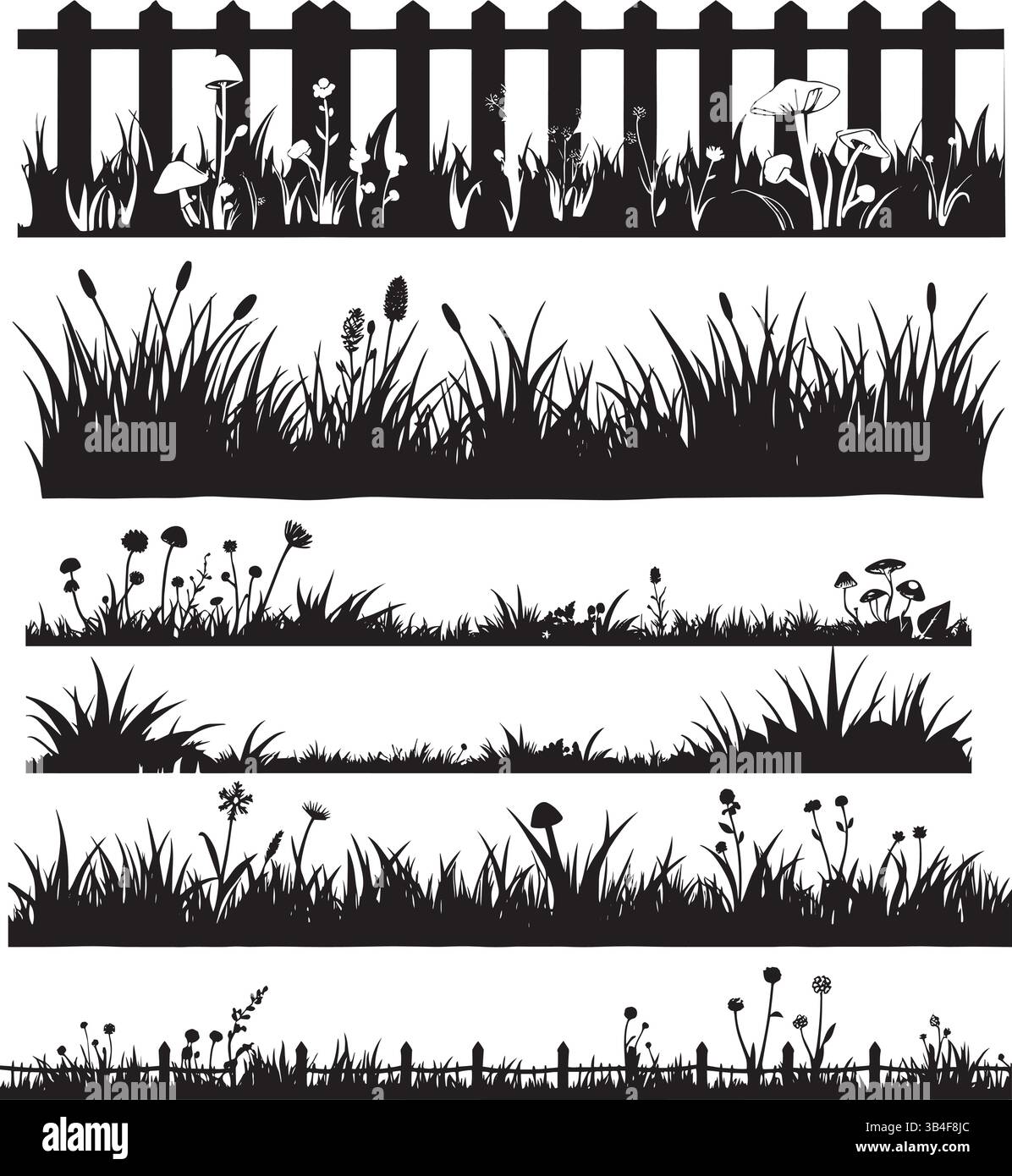 Grass Border Silhouettes – Black and White Vector of Botanical Edges ...