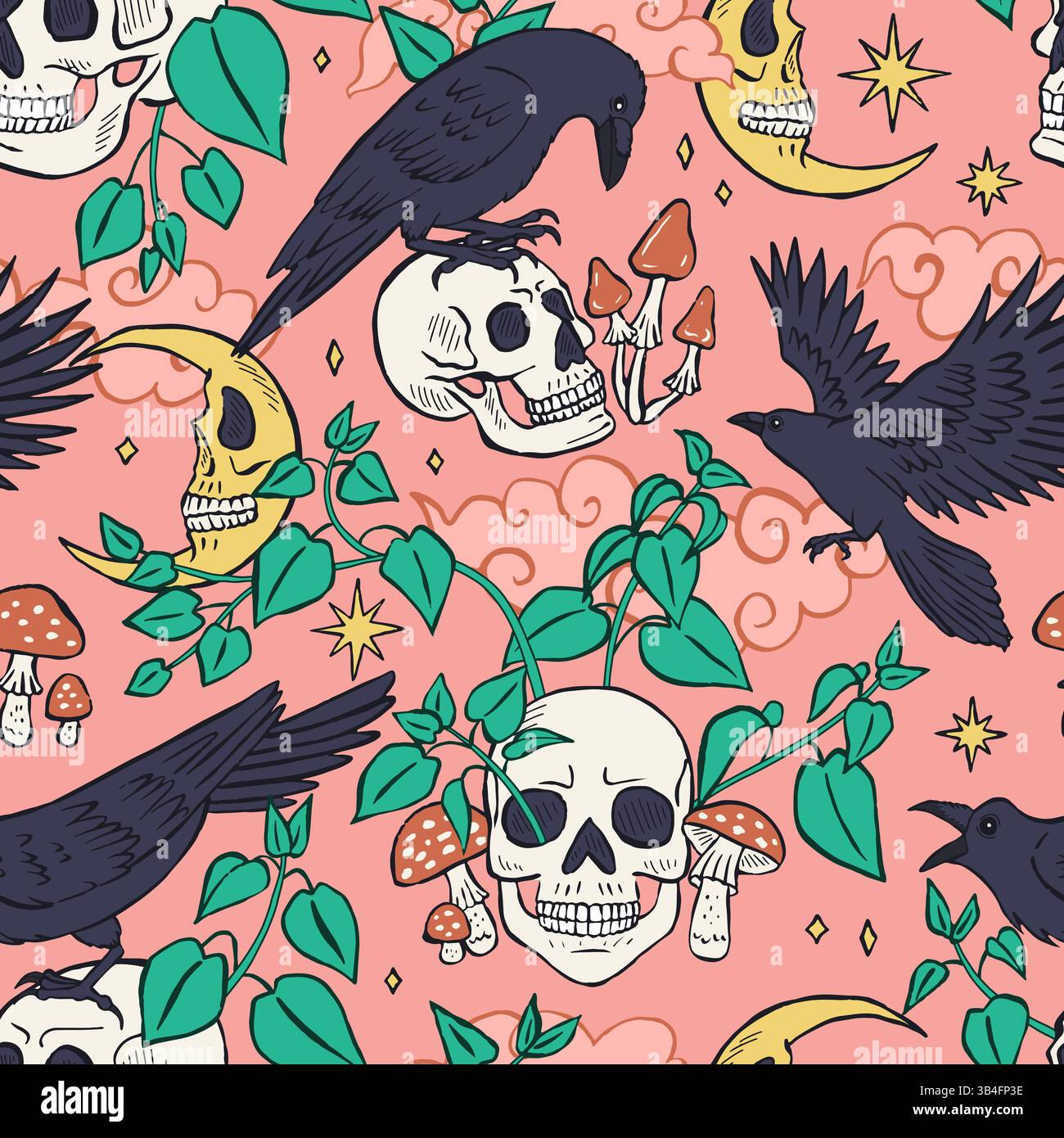 Seamless pattern with hand drawn inky ravens or crows sitting on human skulls Stock Vector