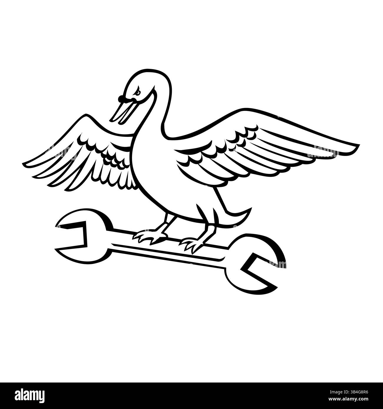 Mascot illustration of a swan, a waterfowl bird of the genus Cygnus within the family Anatidae perching on a spanner wrench from front on isolated bac Stock Vector