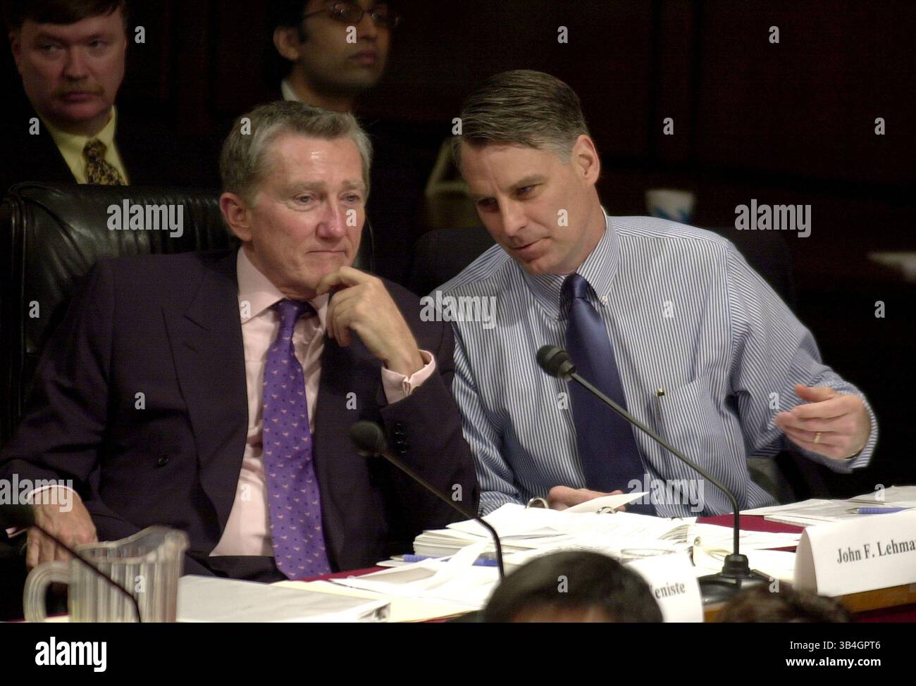 April 9, 2004 - Washington, District of Columbia, United States of America - Washington, DC - April 8, 2004 -- Commissioners John F. Lehman, left, and Timothy J. Roemer, right, discuss the testimony of Doctor Condoleezza Rice, National Security Advisor, before the 9/11 Commission in Washington, D.C. on April 8, 2004..Credit: Ron Sachs / CNP.[RESTRICTION: No New York Metro or other Newspapers within a 75 mile radius of New York City] (Credit Image: © Ron Sachs/CNP via ZUMA Wire) Stock Photo
