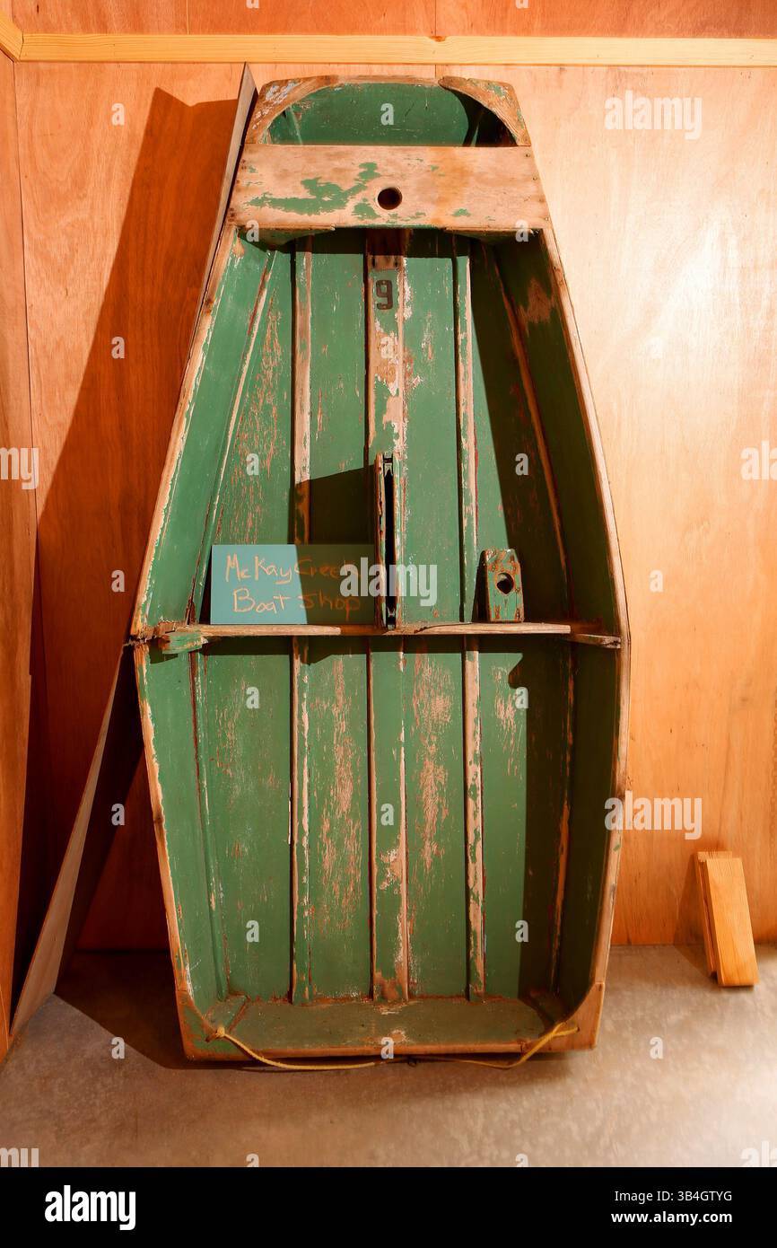 Oct. 16, 2015 - Largo, Florida, U.S. - DOUGLAS R. CLIFFORD  |  Times.This Optimist pram, from 1947, was built by the Clark Mills Boat Works for the Dunedin Boat Club and is on display in the Heritage Village's new McKay Creek Boat House in Largo. The small, single-handed sailing dinghy was intended for use by children up to the age of 15. Today the boats are usually made of fiberglass, although wooden boats are still built using Millsâ€™ simple design which is built using three sheets of plywood. (Credit Image: © Douglas R. Clifford/Tampa Bay Times via ZUMA Wire) Stock Photo
