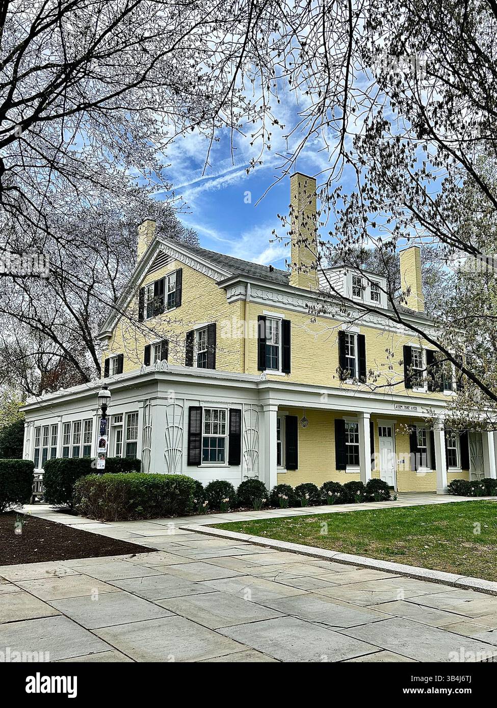 Yellow house with trees and shutters - Smartphone Captured Stock Image