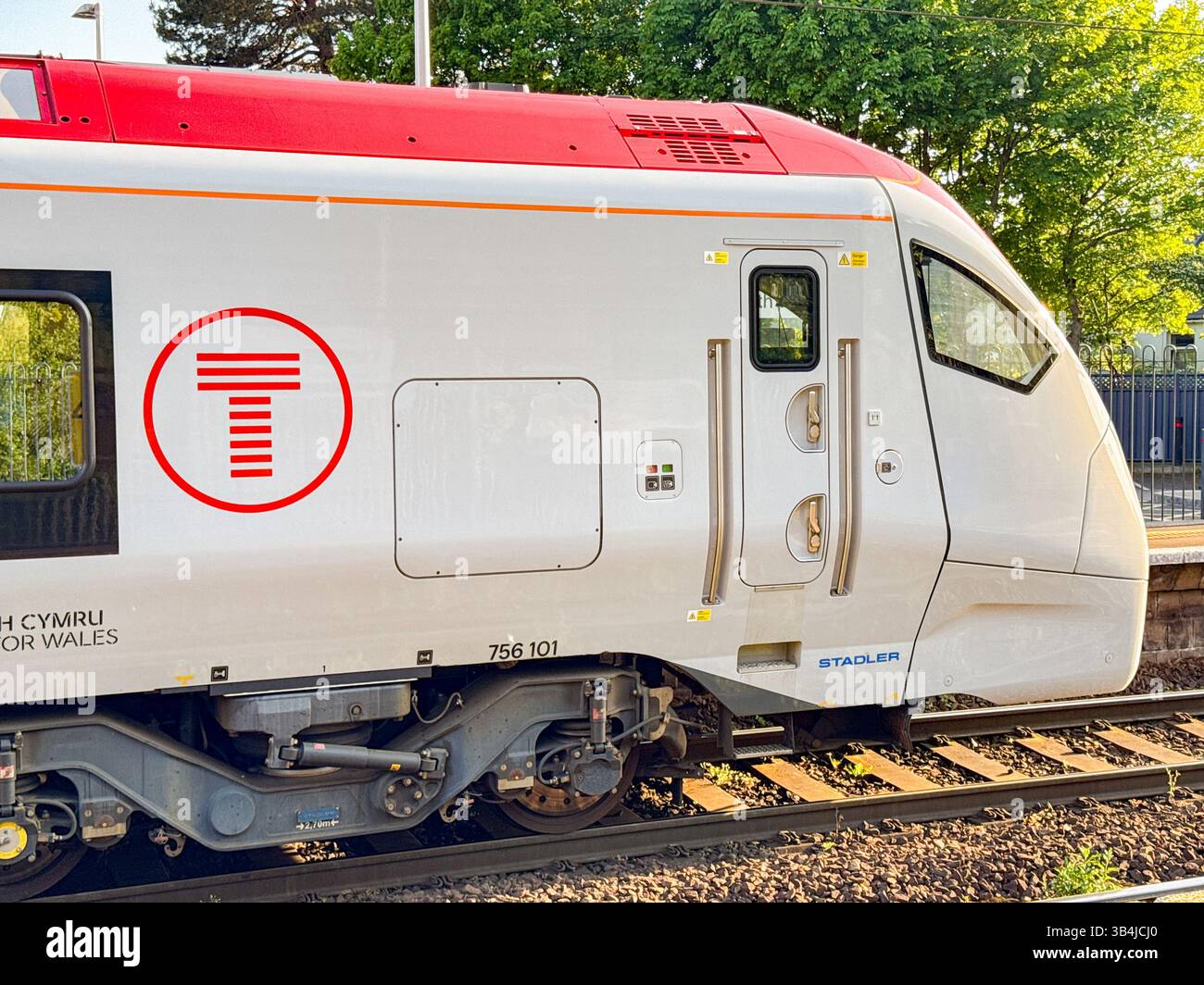 Cardiff, Wales, UK - 29 April 2025: Class 756 commuter train at Llandaff North railway station. The locomotive was built for Transport for Wales. - Smartphone Captured Stock Image