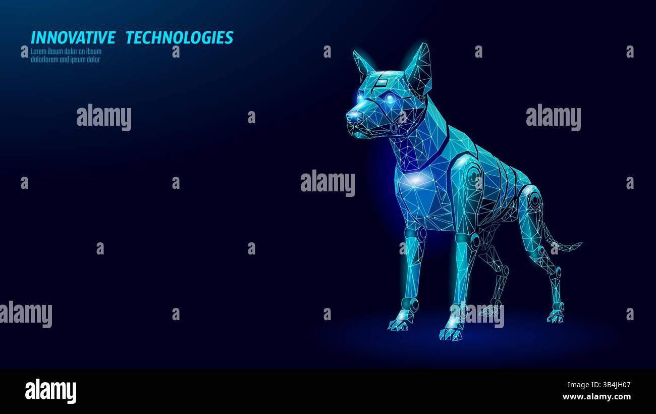 Robotic dog stands futuristic. Glowing blue lights shine bright. Technology pet security AI robotics concept. Low poly art geometric design dark blue Stock Vector