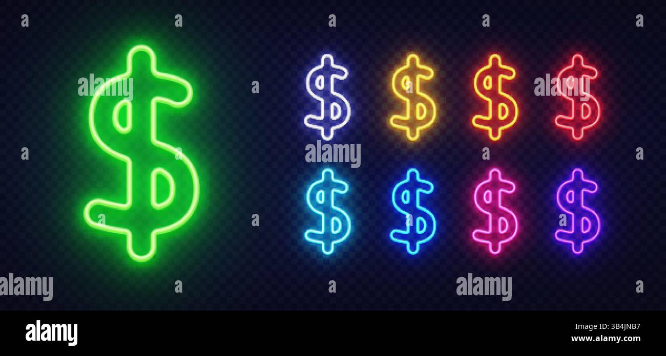 Dollar currency symbol in neon style with colorful variations in rows ...