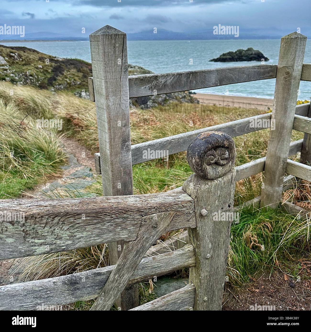 Close-up of wooden kissing gate on Ynys Llandwyn with sea, grass, rocks and distant mountains under overcast sky on moody day in Wales. - Smartphone Captured Stock Image