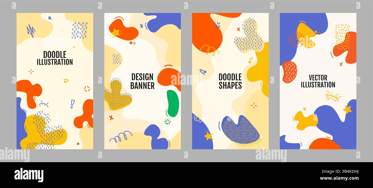 Vector illustration. Abstract modern flat style background. Dynamic composition of drawn fluid twisted elements and memphis pattern Stock Vector