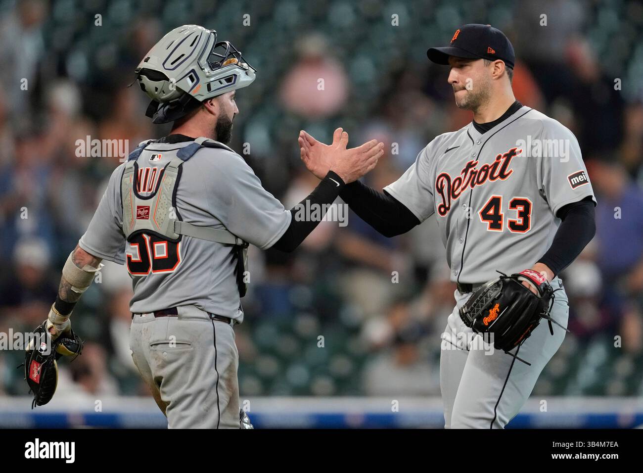 Detroit Tigers catcher Tomas Nido (58) and relief pitcher Tommy Kahnle
