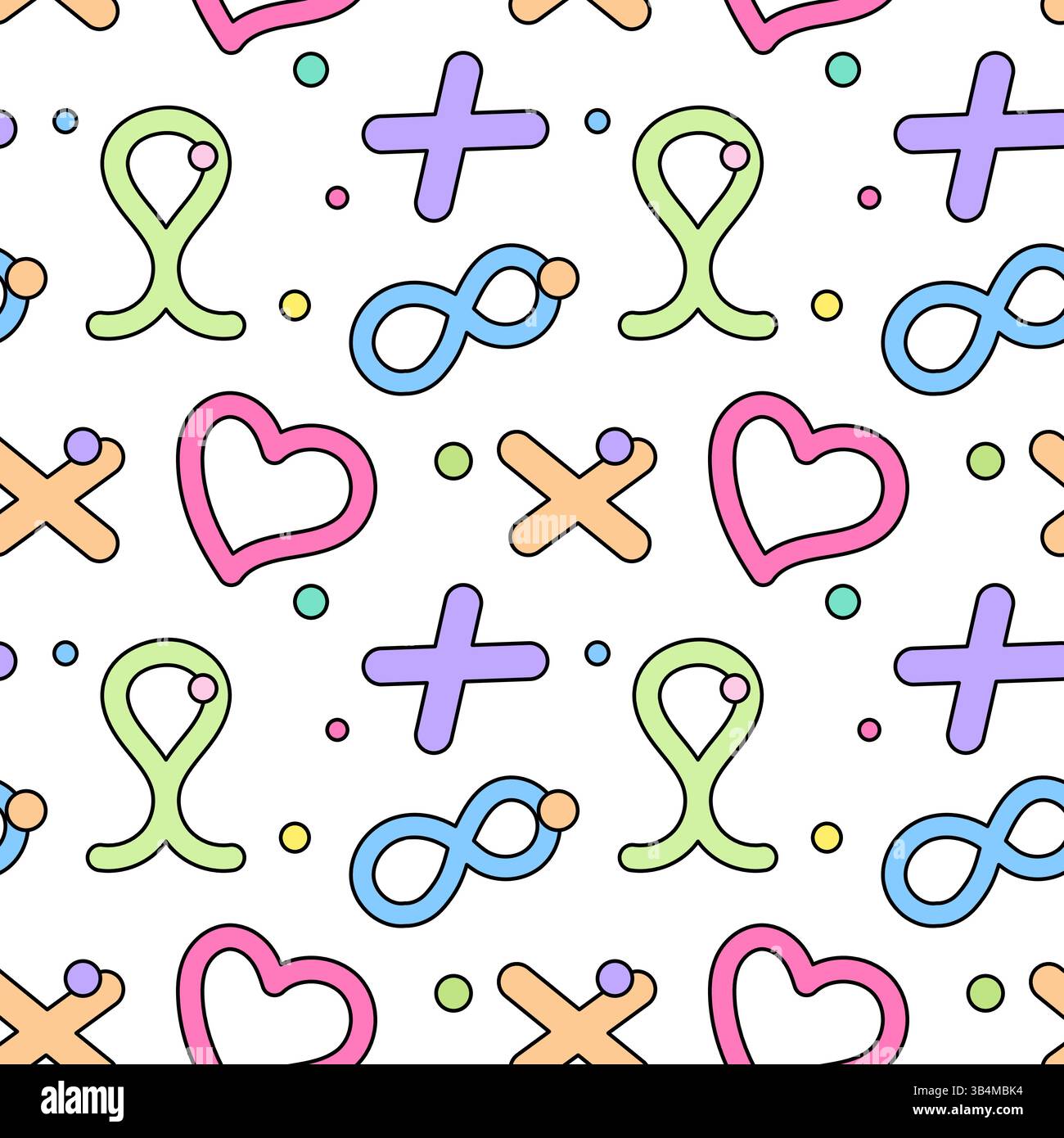 Seamless pattern with colorful pastel doodles hearts, infinity symbols, or loops, crosses, or pluses, and confetti dots on a white background. Ideal f Stock Vector