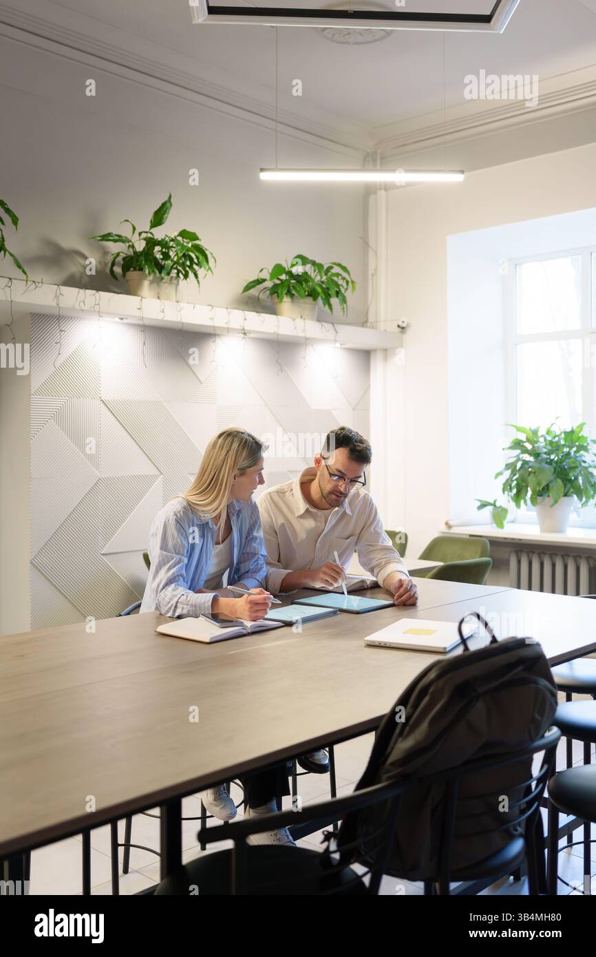 Two colleagues collaborating on a project in a modern office environment Stock Photo