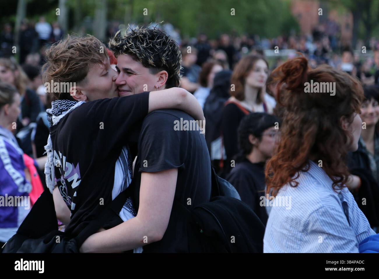 April 30, 2025, Berlin, Brandenburg, Germany: Two people hug each other ...
