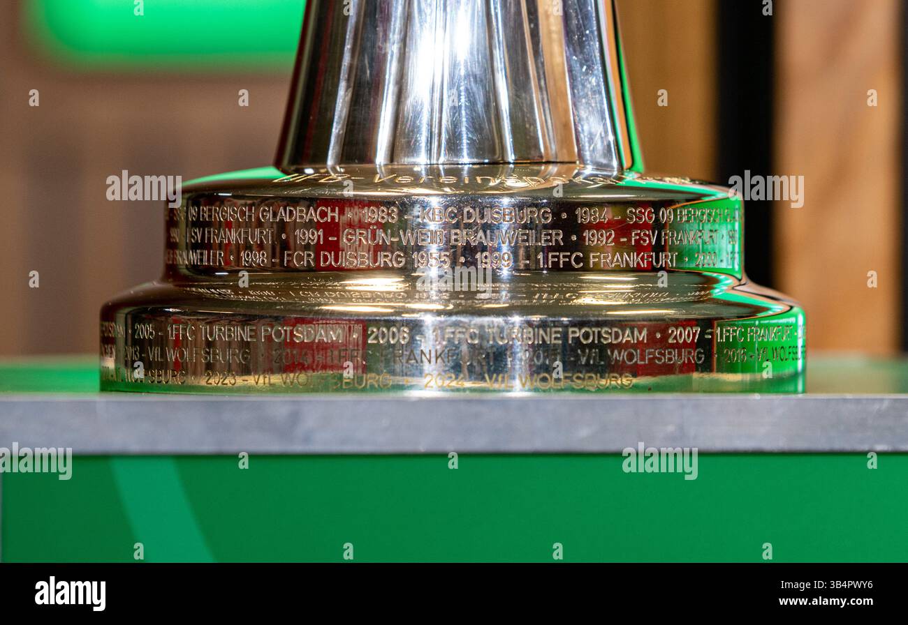 Cologne, North Rhine-Westphalia, Germany. 30th Apr, 2025. The bottom of the trophy of the Women's German Cup Final with the winning teams engraved before the press conference the day before the Women's DFB Cup final in the RheinEnergieStadion in Cologne, Germany on April 30, 2025. (Credit Image: © Kai Dambach/ZUMA Press Wire) EDITORIAL USAGE ONLY! Not for Commercial USAGE! Stock Photo