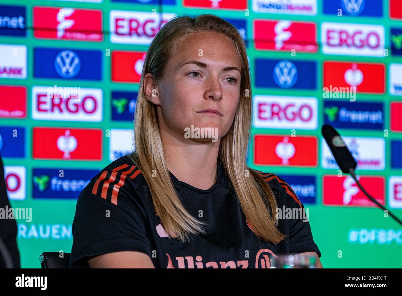 Cologne, North Rhine-Westphalia, Germany. 30th Apr, 2025. FC Bayern Munich captain MAGDALENA ERIKSSON (5) attends the press conference the day before the Women's DFB Cup final in the RheinEnergieStadion in Cologne, Germany on April 30, 2025. (Credit Image: © Kai Dambach/ZUMA Press Wire) EDITORIAL USAGE ONLY! Not for Commercial USAGE! Stock Photo