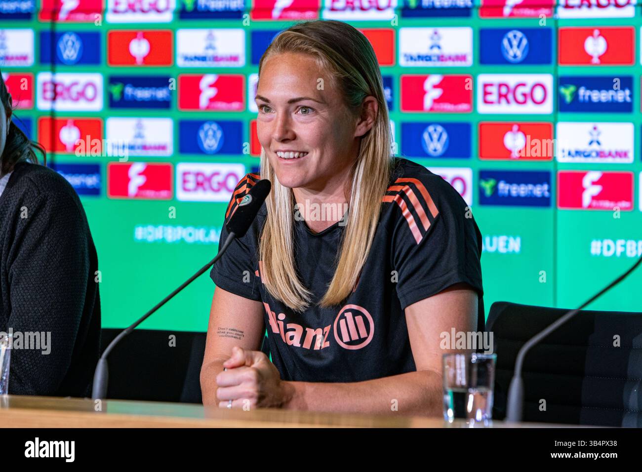 Cologne, North Rhine-Westphalia, Germany. 30th Apr, 2025. FC Bayern Munich captain MAGDALENA ERIKSSON (5) smiles during the press conference the day before the Women's DFB Cup final in the RheinEnergieStadion in Cologne, Germany on April 30, 2025. (Credit Image: © Kai Dambach/ZUMA Press Wire) EDITORIAL USAGE ONLY! Not for Commercial USAGE! Stock Photo