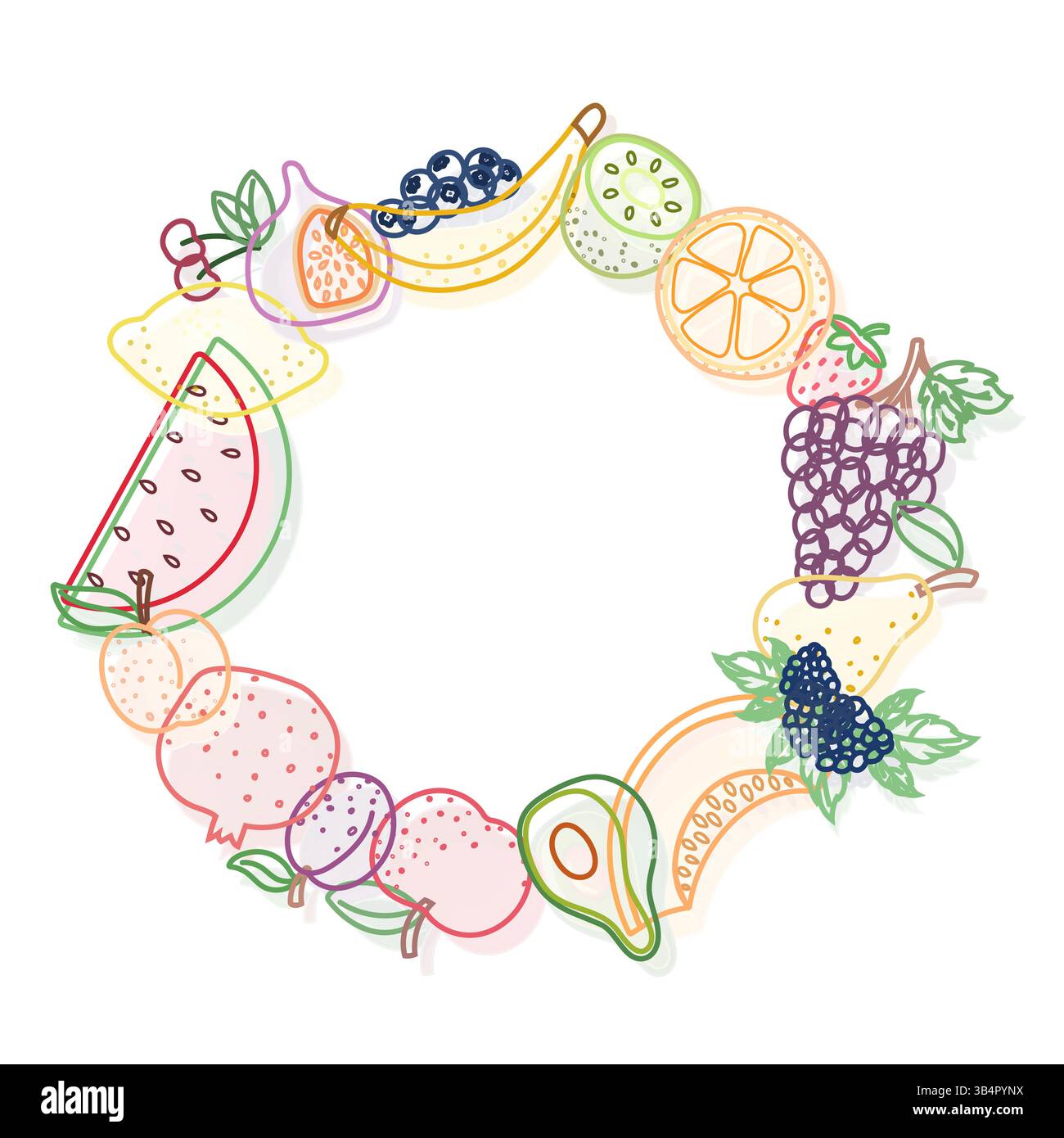 Fruit wreath in outlined style, isolated on white background Stock Vector