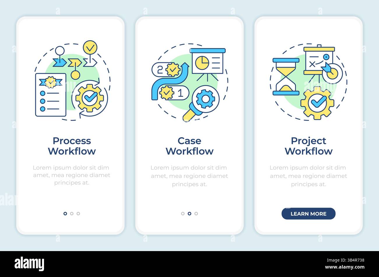 Workflow types onboarding mobile app screen Stock Vector