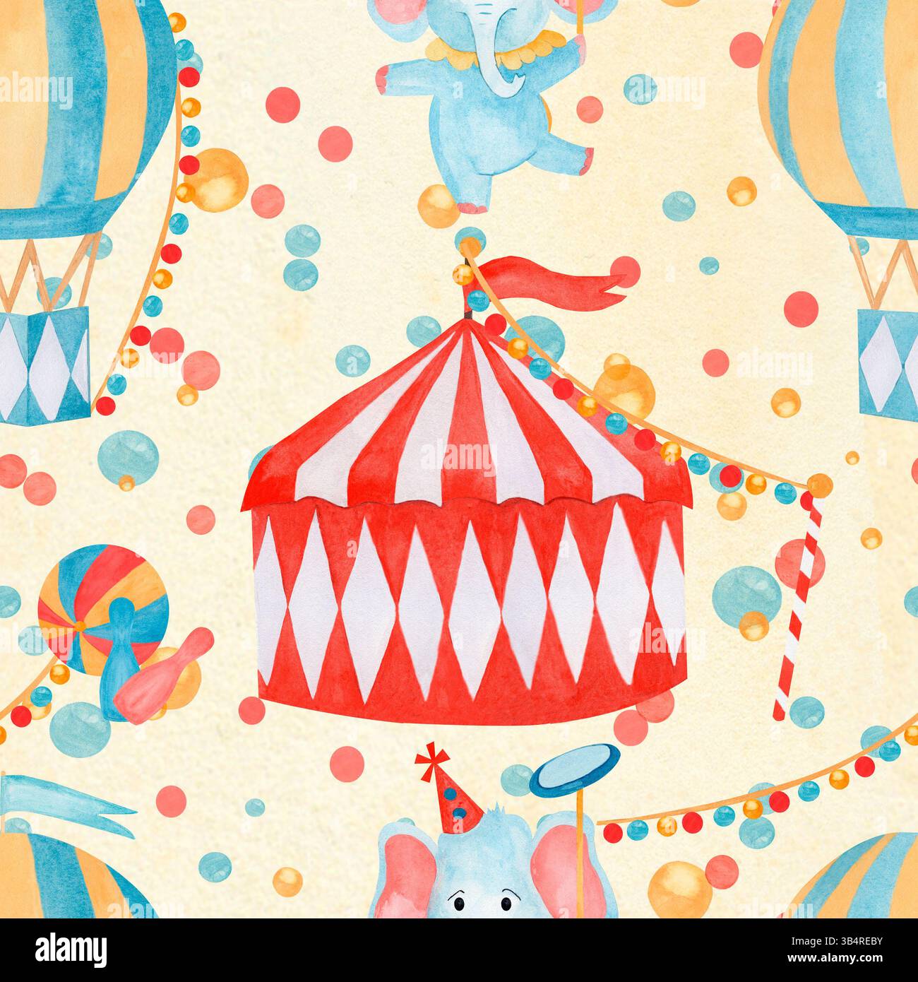 Watercolor hand drawn circus illustration featuring elephants, balloons ...