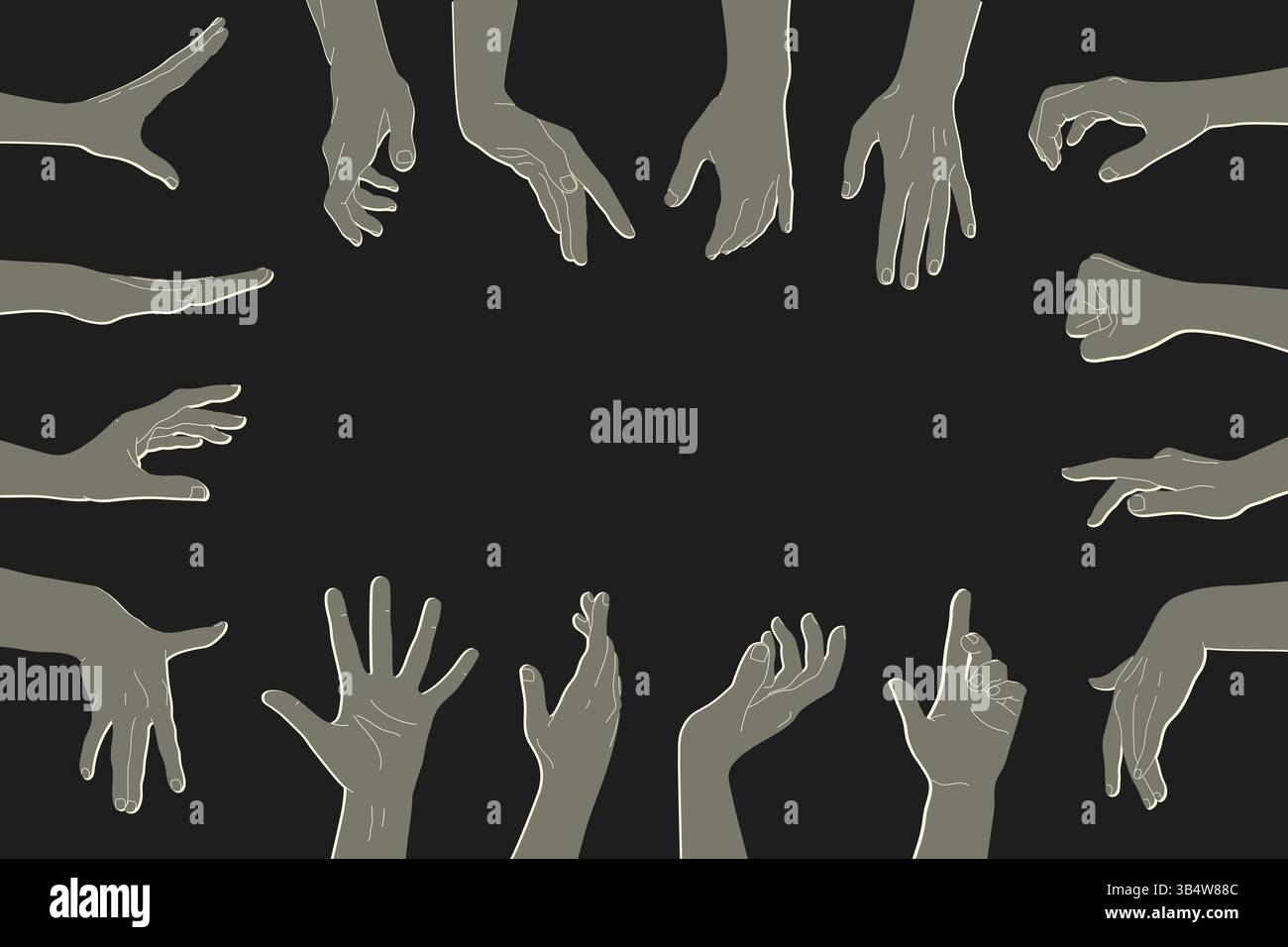 Human hands silhouettes with different gestures around the background with empty space for text. Human hands gestures. Vector Stock Vector