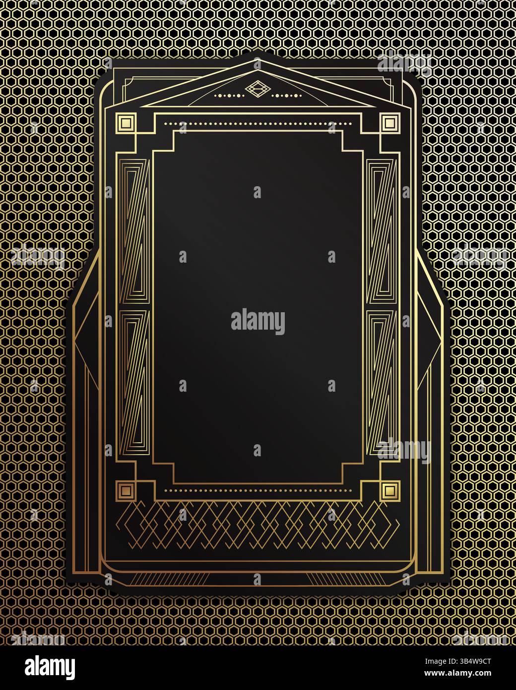 Golden Gatsby frame design. Vintage retro Art Deco frame on golden geometric pattern background. Vector illustration Stock Vector