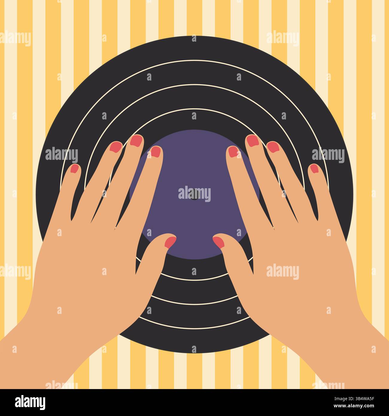 Minimalist poster with female hands on vinyl record. Music concept with ...