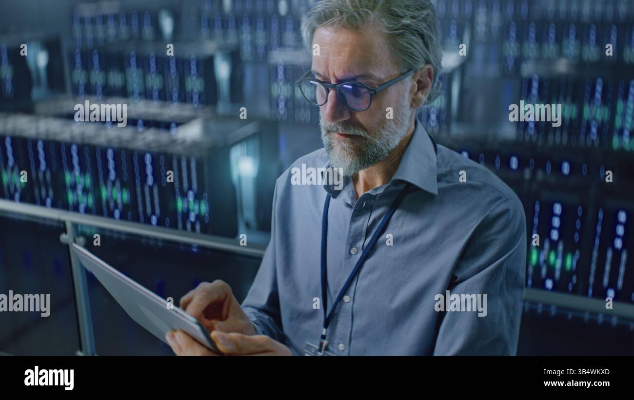 Big Data Center Professional Administrator Using Digital Tablet, Activating Servers. In Background, Server Racks for Cloud Computing Technology. Concept of Information Digitalization, Web Service. Stock Photo